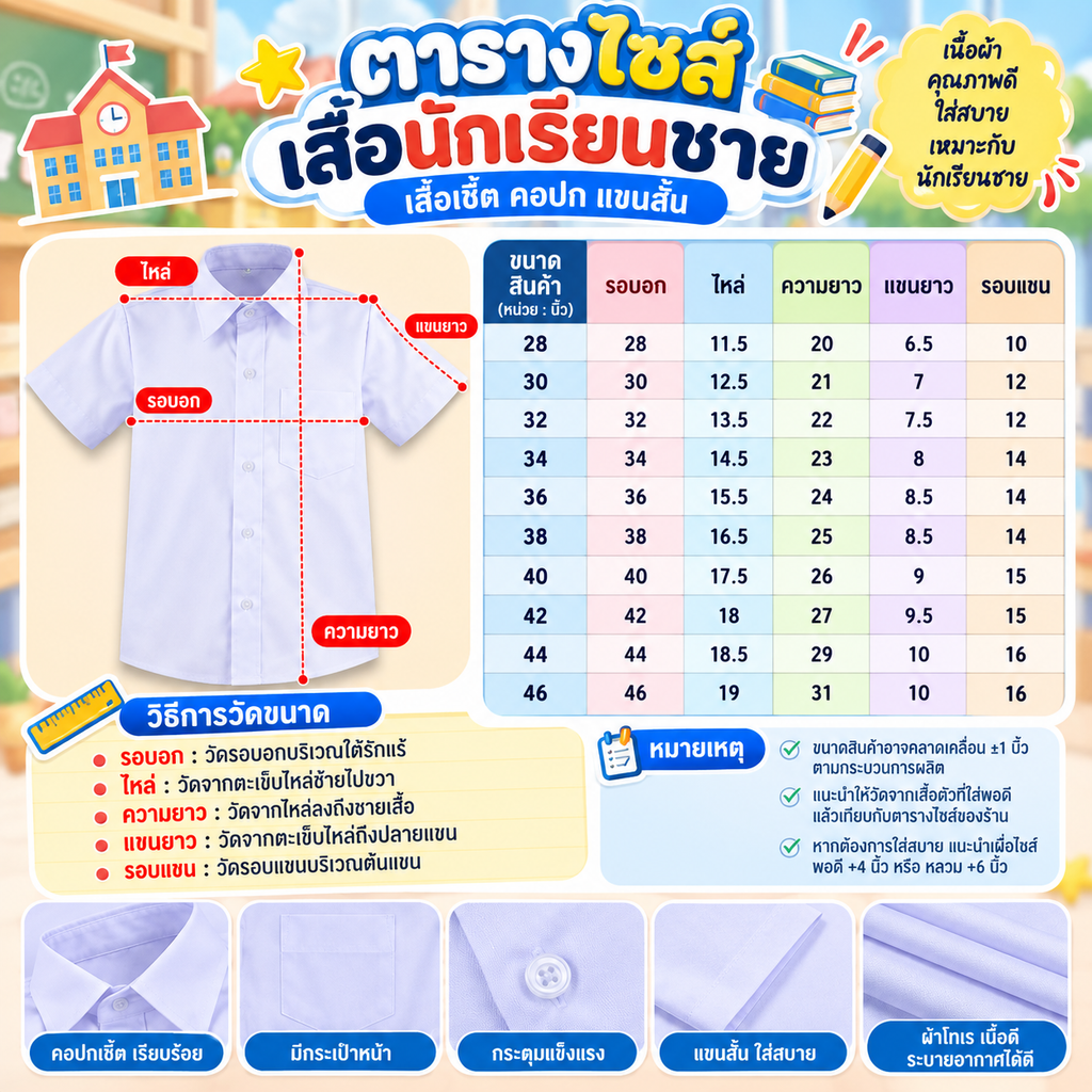 เสื้อนักเรียนชาย คอปกเชิ้ต แขนสั้น