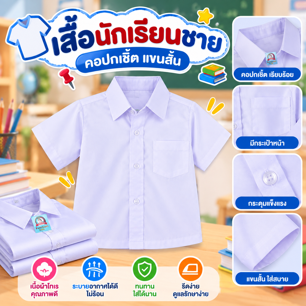 เสื้อนักเรียนชาย คอปกเชิ้ต แขนสั้น