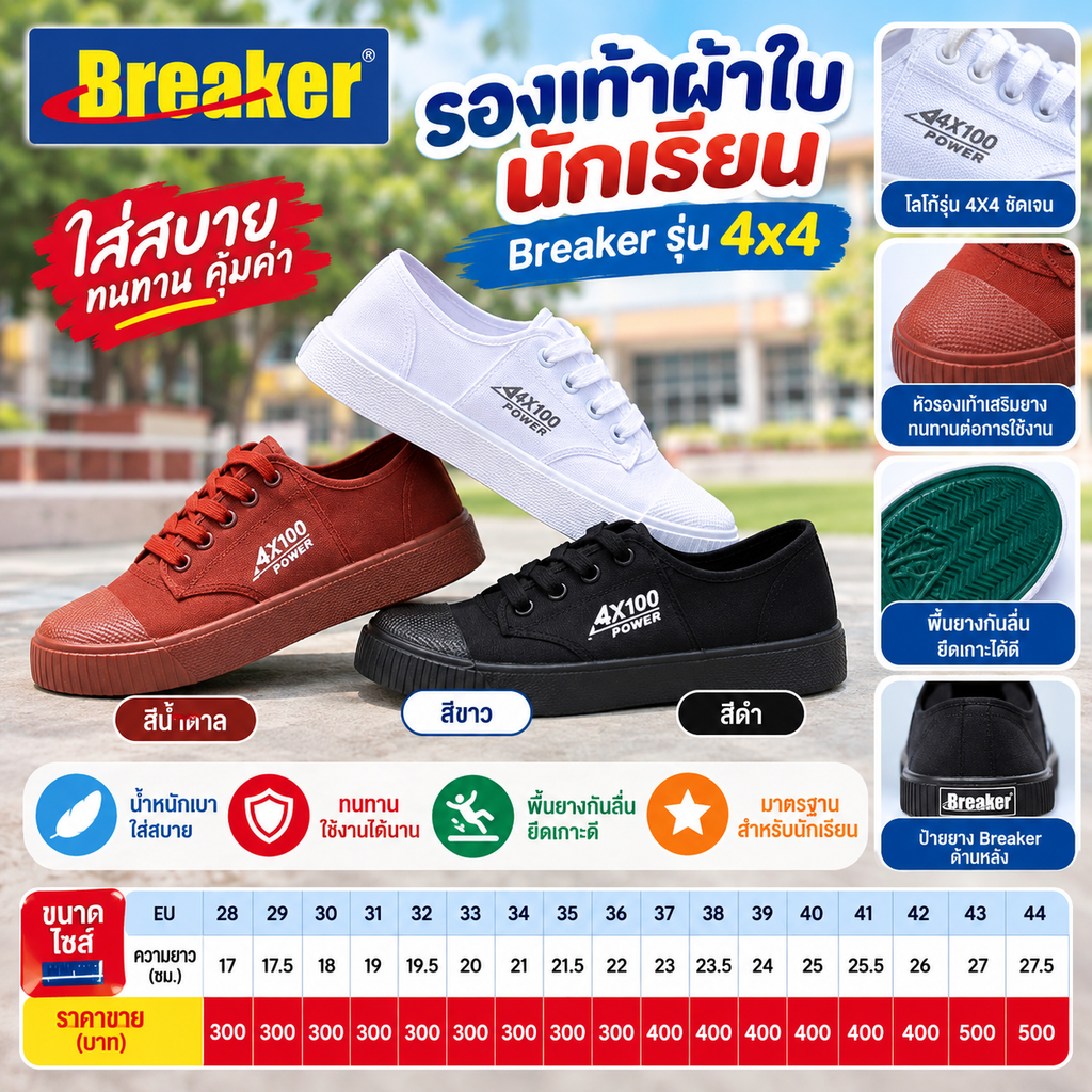 รองเท้าผ้าใบนักเรียน Breaker รุ่น4x4